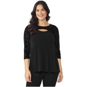 Roz & Ali Black Velvet Damask Top, L